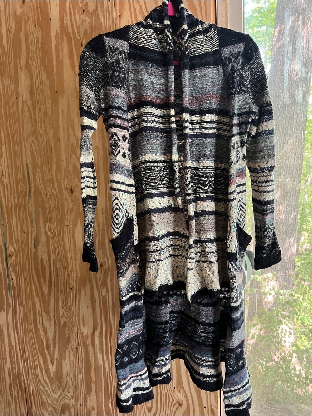 Free People Black, Cream & Pink Striped Patterned Open-Front Cardigan